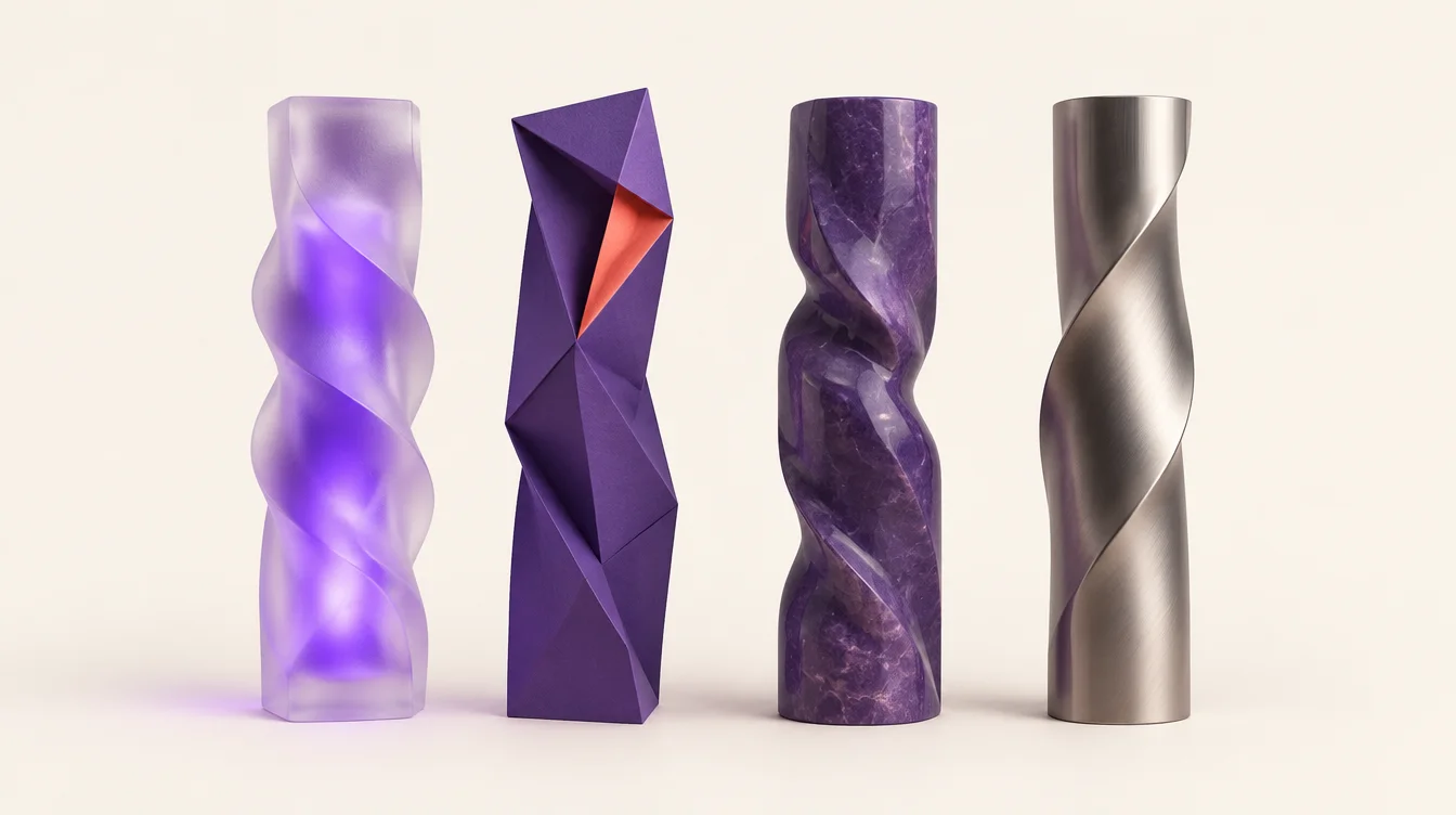 Cuatro pilares de cristal, papel, piedra y metal; el primero brilla en violeta