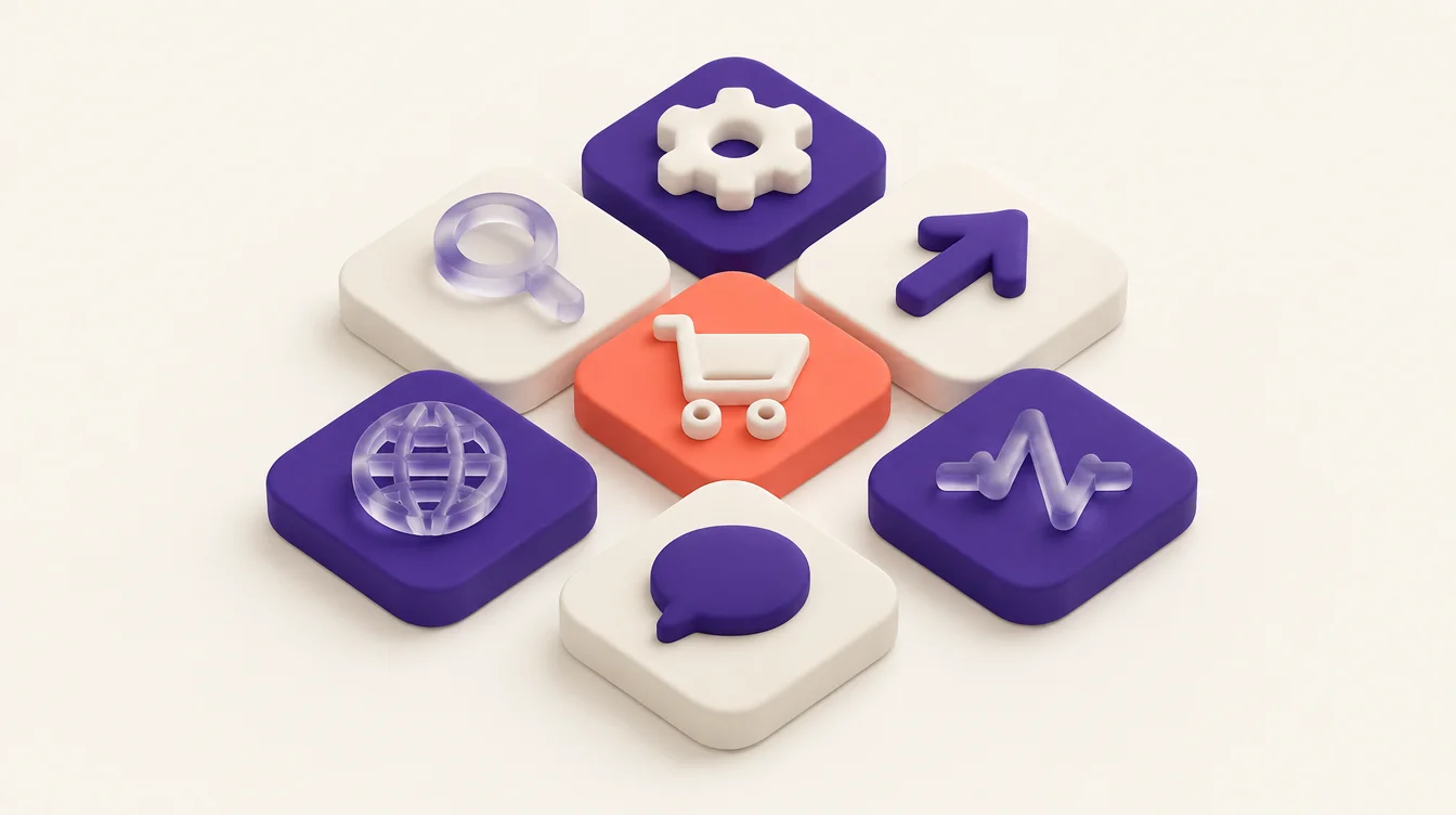 Siete módulos isométricos con iconos de servicios SEO