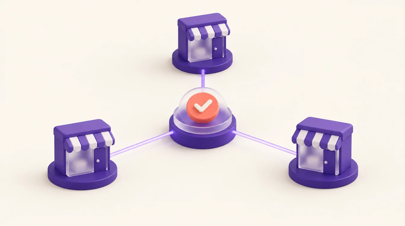 Tres tiendas conectadas a un núcleo central con una marca de verificación